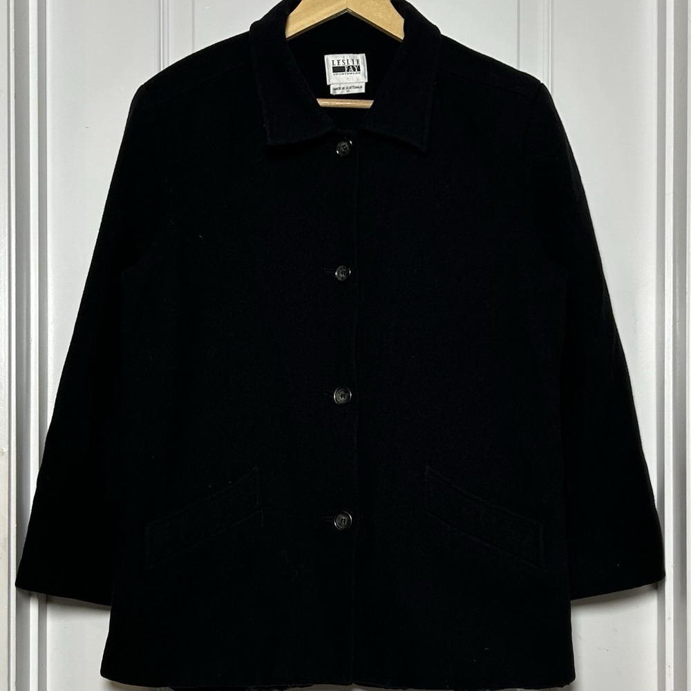 Leslie Fay Sportswear Vintage 90s 100% Wool Black Button Front Collared Jacket